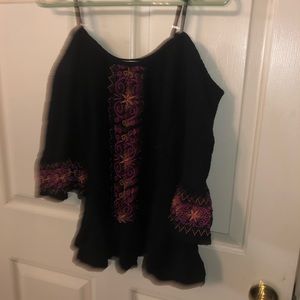 Black cold shoulder top with pink and orange detail